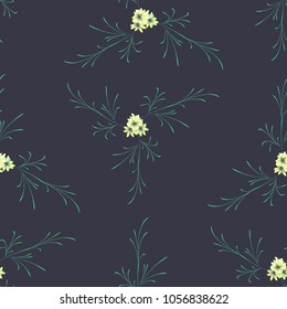 Small Floral Seamless Pattern with Pretty Daisy Flowers. Feminine Rapport for Linen, Textile, Fabric in Trendy Liberty Style. Colorful Seamless Pattern with Tiny Flowers. Vector Background.