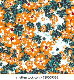 Small Floral Seamless Pattern. Simple Flowers for Rapport, Textile, Wallpaper, Fabric or Print. Feminine Texture in Rustic Style. Trendy Seamless Ornament in Vector. Bright Colors