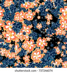 Small Floral Seamless Pattern. Simple Flowers for Rapport, Textile, Wallpaper, Fabric or Print. Feminine Texture in Rustic Style. Trendy Seamless Ornament in Vector. Bright Colors