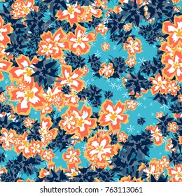 Small Floral Seamless Pattern. Simple Flowers for Rapport, Textile, Wallpaper, Fabric or Print. Feminine Texture in Rustic Style. Trendy Seamless Ornament in Vector. Bright Colors