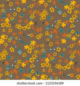 Small Floral Seamless Texture with Cute Wild Flowers. Feminine Rapport for Wallpaper, Dress, Chintz in Trendy Country Style. Colorful Seamless Pattern with Tiny Flowers. Vector Background