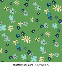Small Floral Seamless Texture with Cute Wild Flowers. Girlie Rapport for Wallpaper, Dress, Chintz in Trendy Liberty Style. Colorful Seamless Pattern with Tiny Flowers. Vector Background