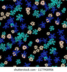 Small Floral Seamless Texture with Delicate Wild Flowers. Girlie Rapport for Print, Linen, Fabric in Trendy Liberty Style. Colorful Seamless Pattern with Tiny Flowers. Vector Background