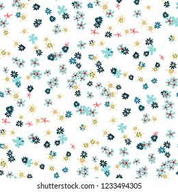 Small Floral Seamless Texture with Delicate Wild Flowers. Girlie Rapport for Print, Linen, Chintz in Trendy Country Style. Colorful Seamless Pattern with Tiny Flowers. Vector Background