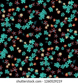 Small Floral Seamless Texture with Delicate Wild Flowers. Feminine Rapport for Print, Textile, Fabric in Trendy Liberty Style. Colorful Seamless Pattern with Tiny Flowers. Vector Background