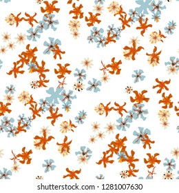 Small Floral Seamless Texture with Delicate Wild Flowers. Girlie Rapport for Cloth, Cotton, Underwear in Trendy Liberty Style. Colorful Seamless Pattern with Tiny Flowers. Vector Background