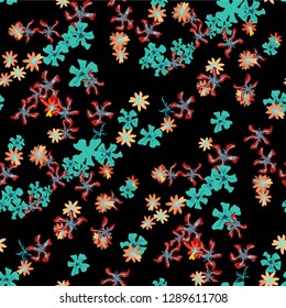 Small Floral Seamless Texture with Delicate Wild Flowers. Feminine Rapport for Print, Textile, Fabric in Trendy Liberty Style. Colorful Seamless Pattern with Tiny Flowers. Vector Background
