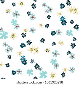 Small Floral Seamless Texture with Delicate Wild Flowers. Girlie Rapport for Print, Linen, Fabric in Trendy Liberty Style. Colorful Seamless Pattern with Tiny Flowers. Vector Background