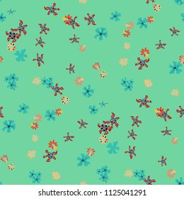 Small Floral Seamless Texture with Lovely Wild Flowers. Girlie Rapport for Wallpaper, Dress, Chintz in Trendy Country Style. Colorful Seamless Pattern with Tiny Flowers. Vector Background
