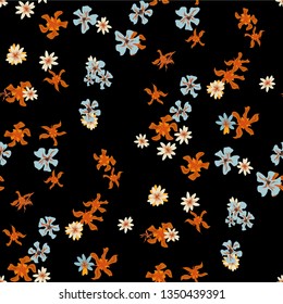 Small Floral Seamless Texture with Lovely Wild Flowers. Girlie Rapport for Print, Textile, Fabric in Trendy Liberty Style. Colorful Seamless Pattern with Tiny Flowers. Vector Background