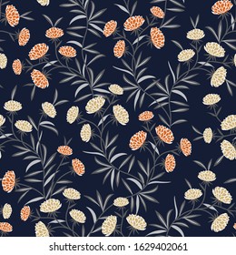 small floral vector flowers leaf pattern on navy background