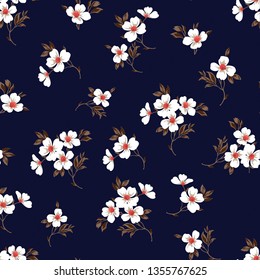 small floral white seamless flowers pattern on navy background