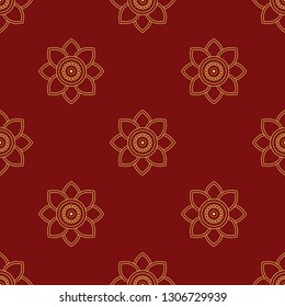 Small flower fabric print in red, yellow colours. Allover folk vector pattern for adult colouring book, interior, wallpaper, apparel textile, phone case. Asian linear geometric floral design