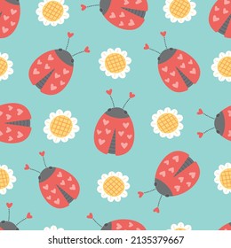 Small flower and ladybug. Cute floral seamless pattern for children, spring, fun. Floral pretty background, wallpaper.