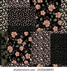 small flower patchwork pattern on black background