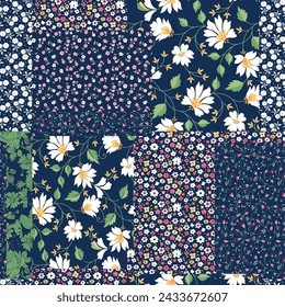 small flower patchwork pattern on navy background