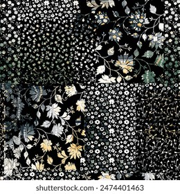 small flower patchwork pattern on black background