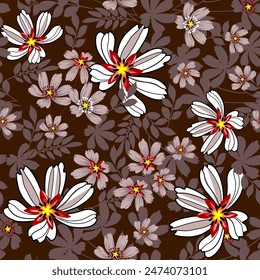 small flower pattern Cute in light brown and white tones. Hand drawn. Seamless on a brown background. Designed for fabric, textiles, wallpaper, gift wrap.