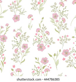 Small flower pattern. Vintage floral seamless background. Delicate pink green on white background.