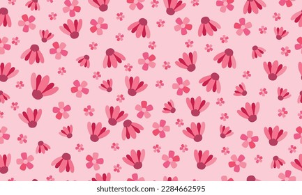 Small flower and plants on red background. seamless pattern