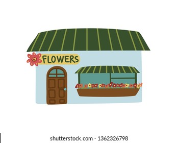 Small Flower Shop Public City Building, Front View Cartoon Vector Illustration