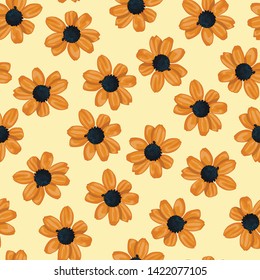 Small flower three seamless pattern on yellow background. Vector illustration. 
