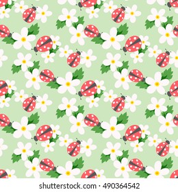 Small flower vector with ladybug. Cute white floral  seamless pattern. Floral background.