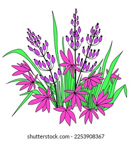 Ein kleines, blumengeschmücktes Bett im Doodle-Stil mit Farbe. Handzeichnen Sie botanische Illustration. Vektorgrafik 