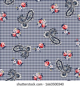 small flower,paisley with navy checks pattern