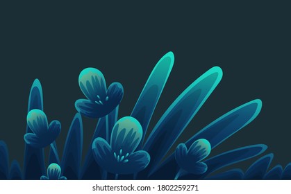Pequeñas flores abstractas en estilo azul y negro diseño botánico moderno en vector. Flora azul tensa, arbusto de plantas de jardín floreciente con hojas largas y pequeños brotes. Arte de botánica floral sobre fondo oscuro