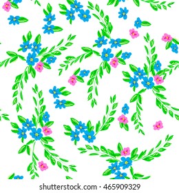 Small flowers background. Cute meadow blossom flowers with green leaves.