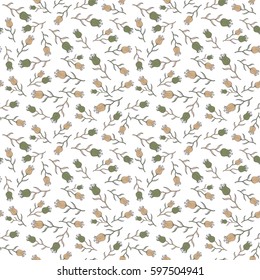 Small flowers in beige, green and gray colors on a white background. Vector Trendy seamless Floral Pattern.