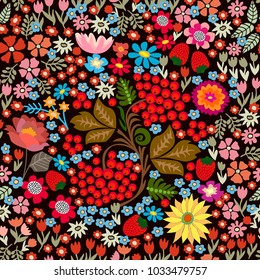Small flowers and berries. Seamless vector pattern with rowan, strawberries, wildflowers on black background. Folk art style textile collection.