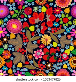Small flowers and berries. Seamless vector pattern with rowan, strawberries, wildflowers, asters on black background. Folk art style textile collection.