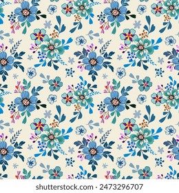 Small flowers in blue tones, hand drawn, seamless on a light yellow background. Designed for fabric, fashion, textiles, wallpaper, gift wrap.