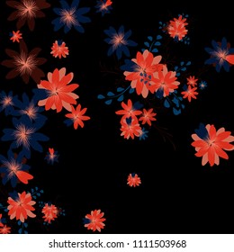 Small Flowers. Cute Small Daisies on Black Background. Vector Texture for Banner, Card, Poster. Trendy Natural Ground in Vintage Style.