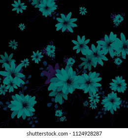 Small Flowers. Cute Small Daisies on Black Background. Vector Texture for Banner, Card, Poster. Trendy Natural Ground in Vintage Style.