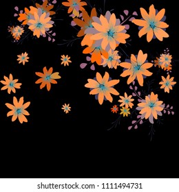 Small Flowers. Cute Little Daisies on Black Background. Vector Texture for Paper, Cover, Print. Trendy Natural Ground in Vintage Style.