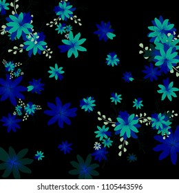 Small Flowers. Cute Tiny Daisies on Black Background. Vector Texture for Banner, Cover, Print. Trendy Natural Ground in Vintage Style.