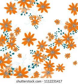 Small Flowers. Cute Tiny Daisies on White Background. Vector Texture for Banner, Card, Poster. Trendy Natural Ground in Vintage Style.