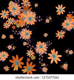 Small Flowers. Cute Tiny Daisies on Black Background. Vector Texture for Banner, Cover, Print. Trendy Natural Ground in Vintage Style.