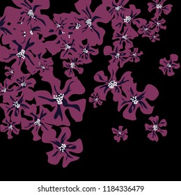 Small Flowers. Cute Tiny Violets on Black Background. Vector Texture for Banner, Cover, Poster. Trendy Natural Ground in Vintage Style.