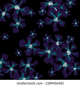 Small Flowers. Cute Small Violets on Black Background. Vector Texture for Banner, Cover, Print. Trendy Natural Ground in Vintage Style.
