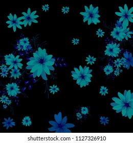 Small Flowers. Delicate Small Daisies on Black Background. Vector Texture for Banner, Cover, Poster. Trendy Natural Ground in Vintage Style.