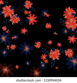 Small Flowers. Delicate Small Daisies on Black Background. Vector Texture for Print, Card, Poster. Trendy Natural Ground in Vintage Style.