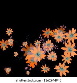 Small Flowers. Delicate Small Daisies on Black Background. Vector Texture for Banner, Card, Poster. Trendy Natural Ground in Vintage Style.