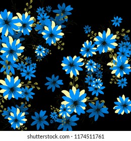 Small Flowers. Delicate Small Daisies on Black Background. Vector Texture for Banner, Cover, Print. Trendy Natural Ground in Vintage Style.