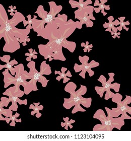 Small Flowers. Delicate Little Violets on Black Background. Vector Texture for Print, Card, Poster. Trendy Natural Ground in Vintage Style.