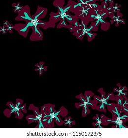 Small Flowers. Delicate Little Violets on Black Background. Vector Texture for Banner, Cover, Poster. Trendy Natural Ground in Vintage Style.