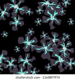 Small Flowers. Delicate Little Violets on Black Background. Vector Texture for Banner, Card, Poster. Trendy Natural Ground in Vintage Style.